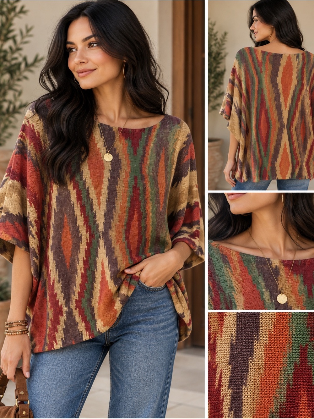 Lauren Ralph Lauren Southwestern Ikat Linen Cotton Poncho Sweater Size L
